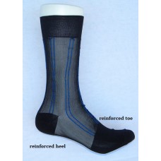 Sheer nylon black dress socks with royal blue pinstripe men's